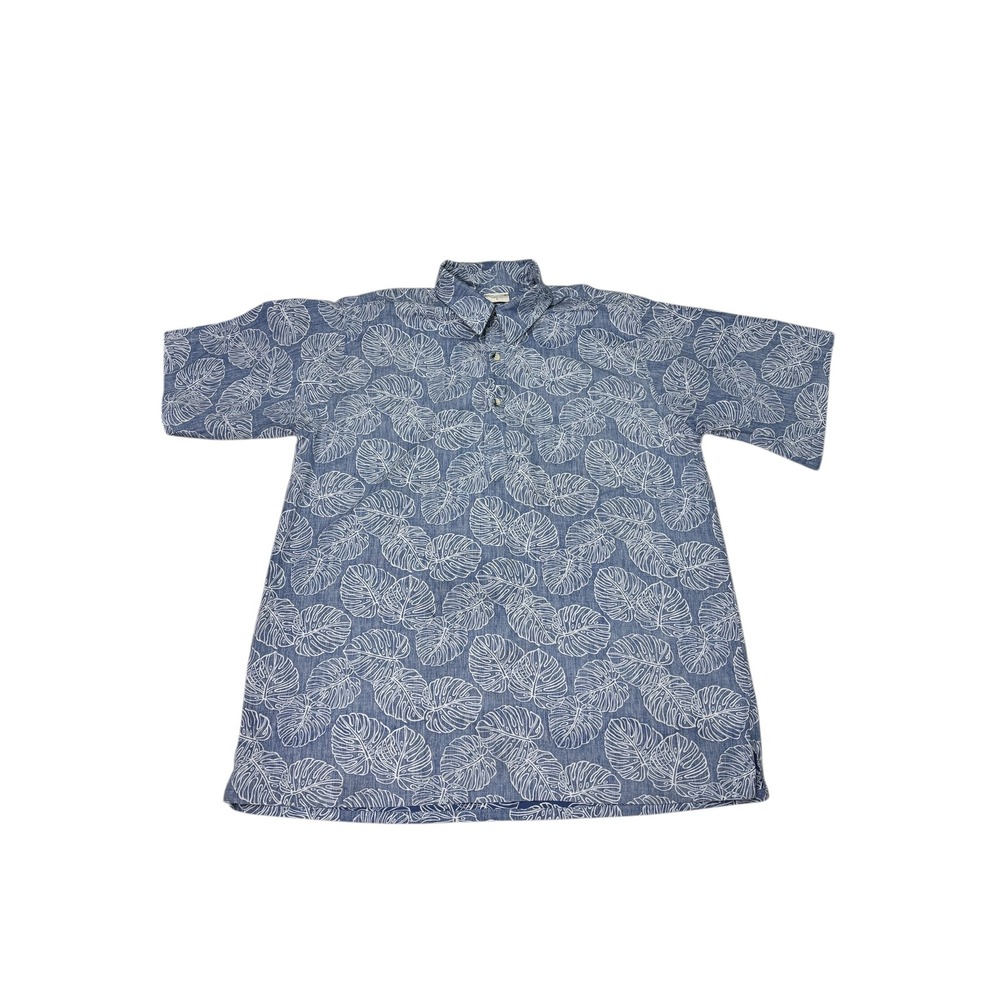 Go Barefoot Hawaiian Shirt Mens XL Blue White‎ Leaf Print Aloha USA